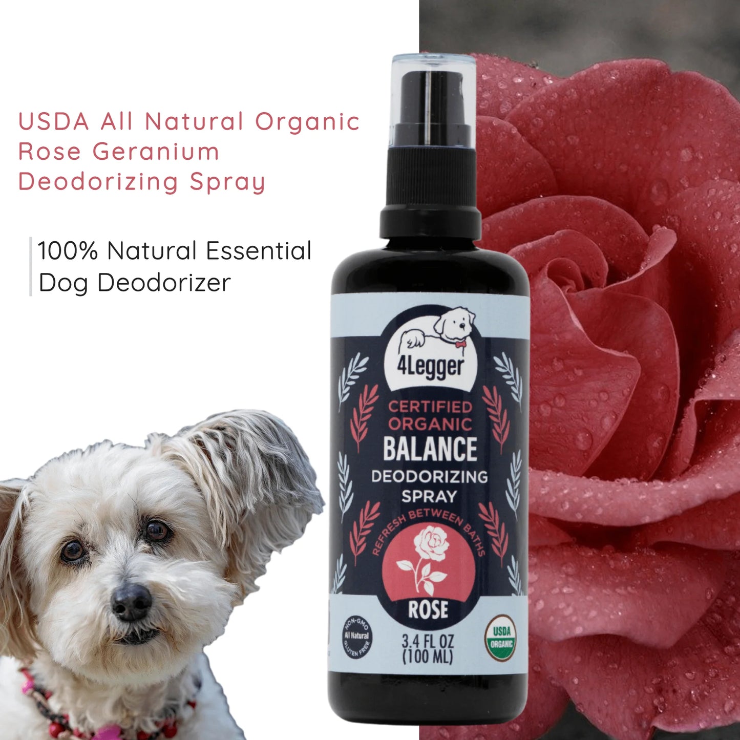 4-Legger USDA Organic Rose Dog Deodorizing Spray - Balance