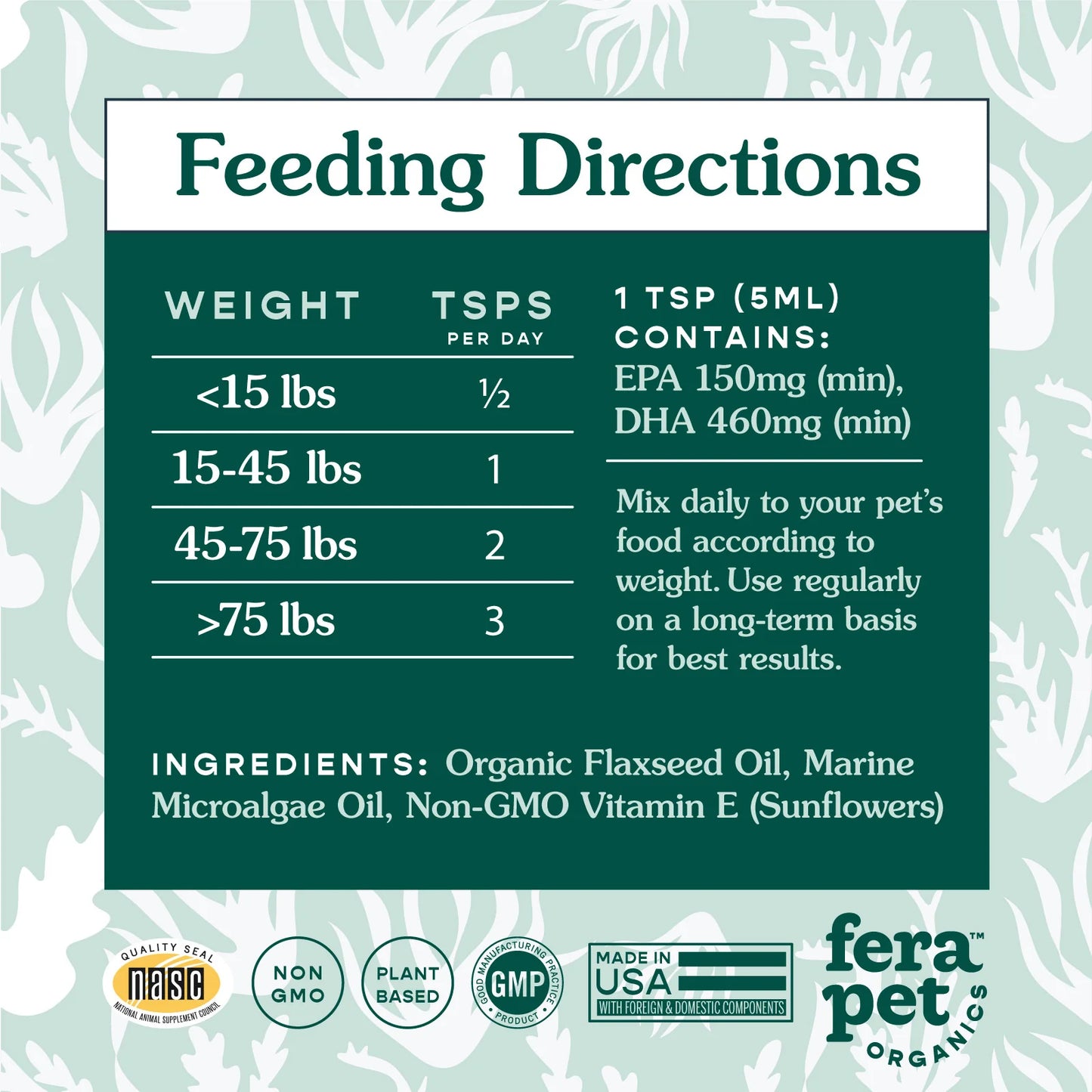 Fera Pets Vegan Omega-3, 6, 9s Algae Oil