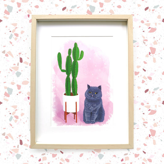 Grey Flat Face Cat with Cactus